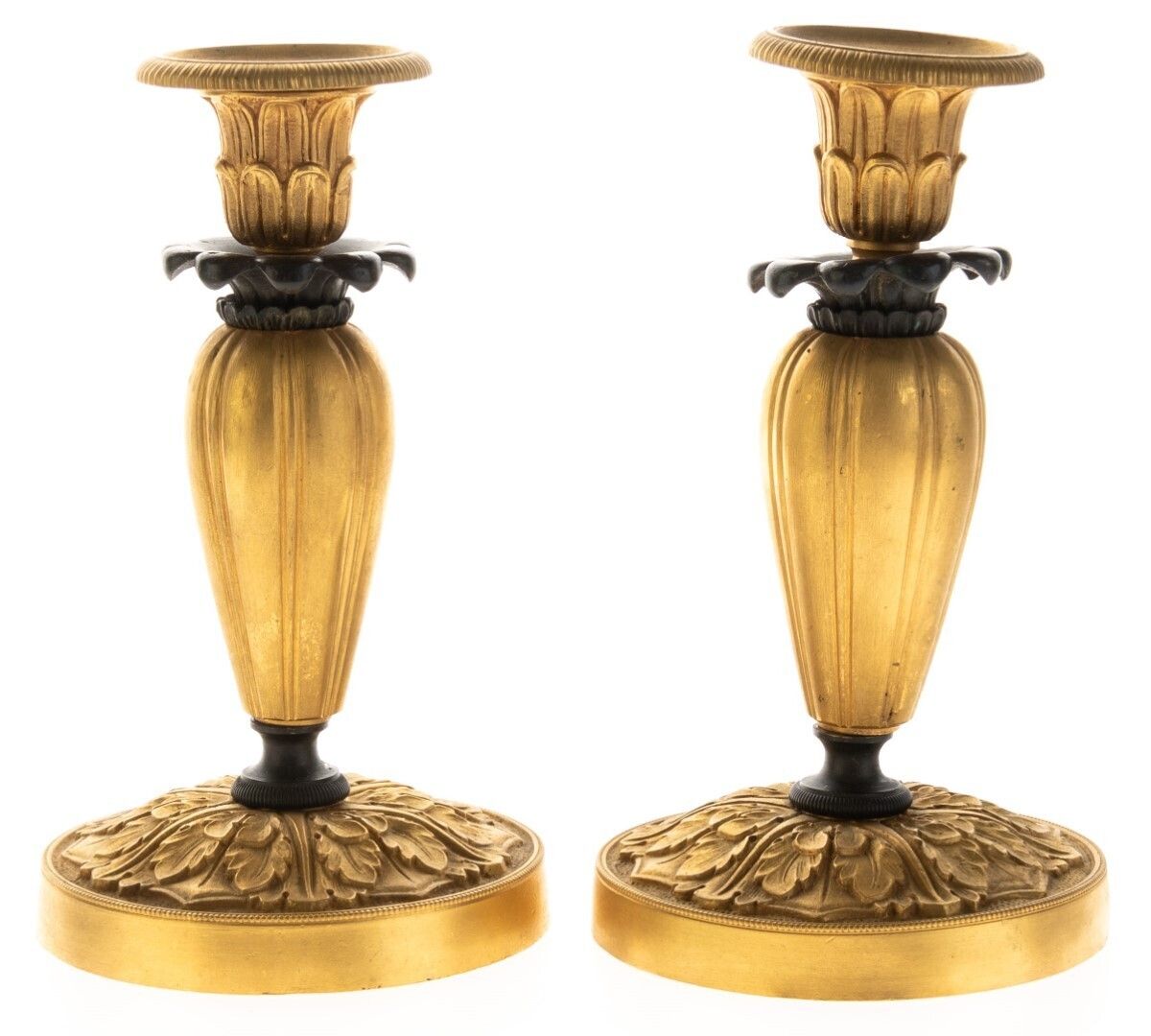 Antique Set Of French Louis XVI Revival Gilt Bronze Rococo Acanthus Candlesticks 19th Century