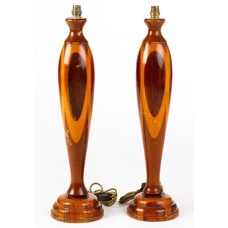 Large Pair Of 1930’s Art Deco Marquetry Inlaid Mahogany Rosewood Table Lamp Bases