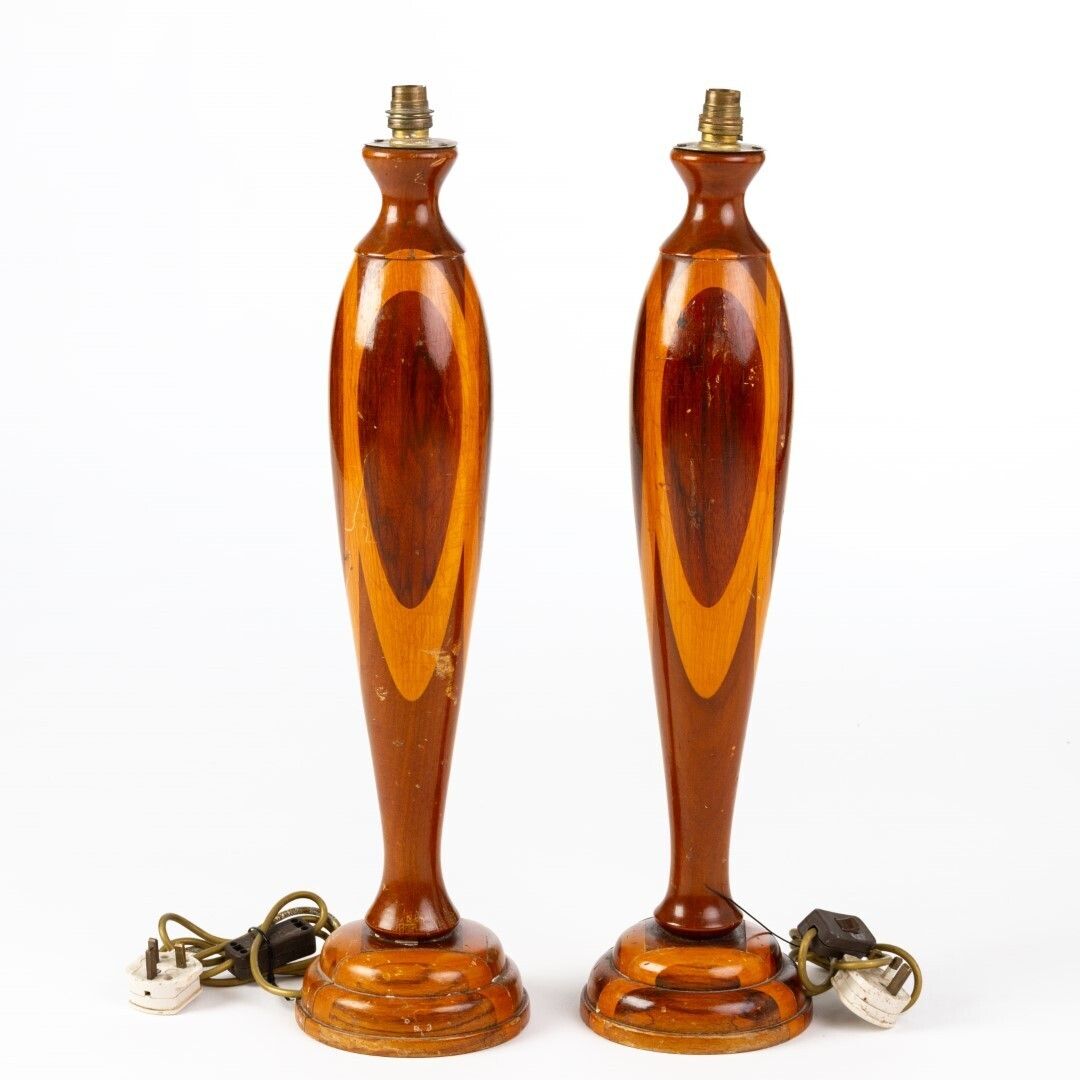 Large Pair Of 1930’s Art Deco Marquetry Inlaid Mahogany Rosewood Table Lamp Bases photo furniture