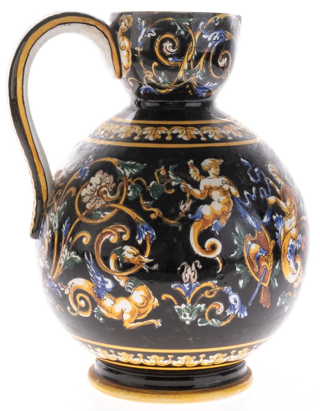 Antique French Black Hand Painted Glazed Maiolica Earthenware Pottery Ewer 19th Century