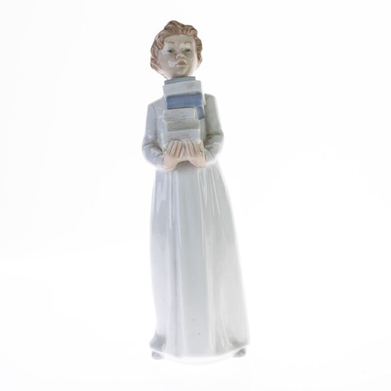 Nao By Lladro Fine Porcelain Sculpture Of A Boy Carrying Pile Of Books