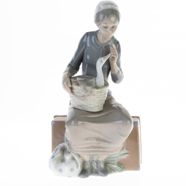 Mid Century Rosal Spanish Porcelain Sculpture Of A Girl With Goose In The Style Of Lladro