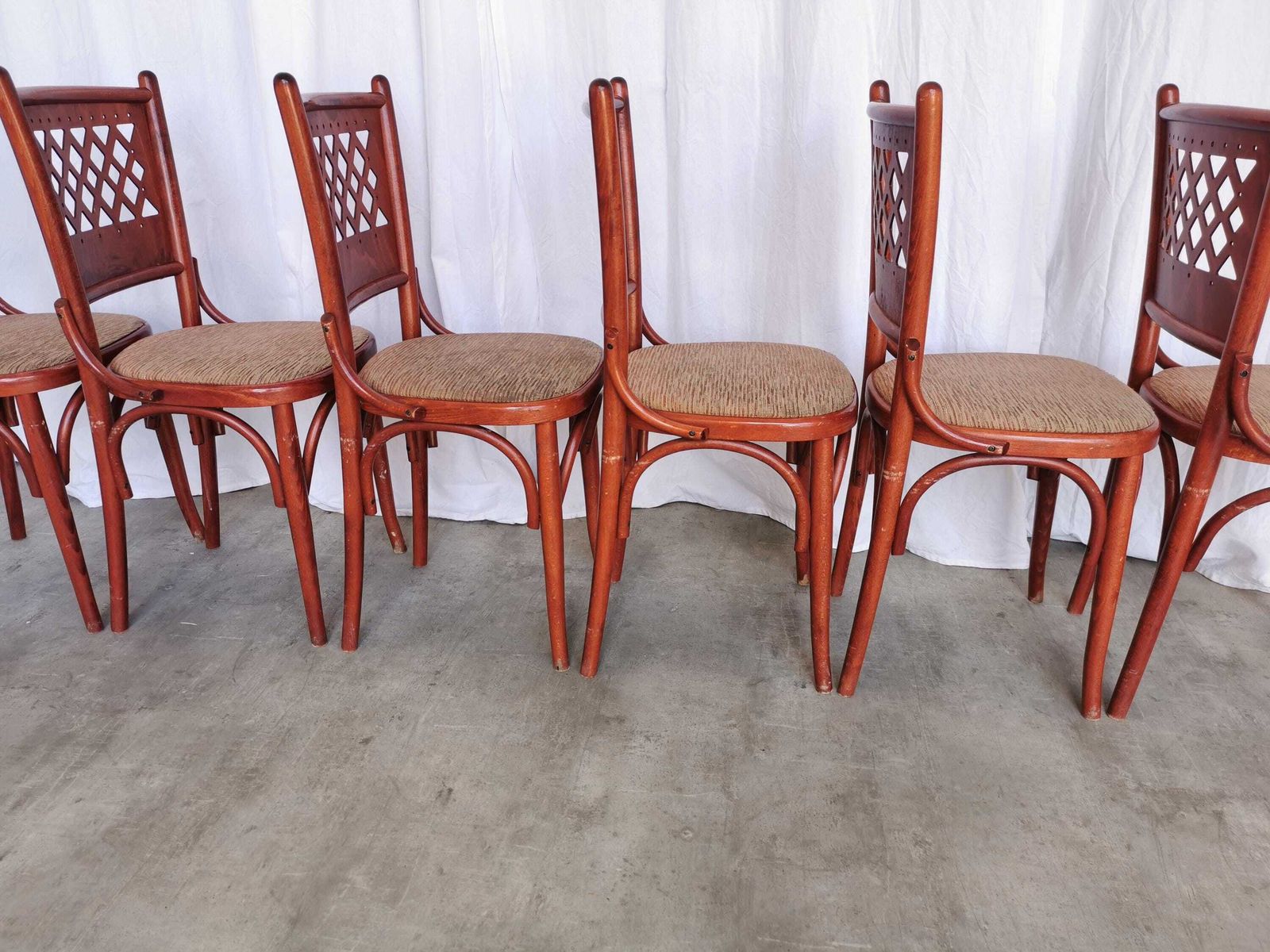 1 Of 14 Vintage Dining Chairs With Perforated Backrest In Reddish Brown With Brown Fabric Seat / 1980s Italy / Italian Bistro Bar Dine Chair photo buy