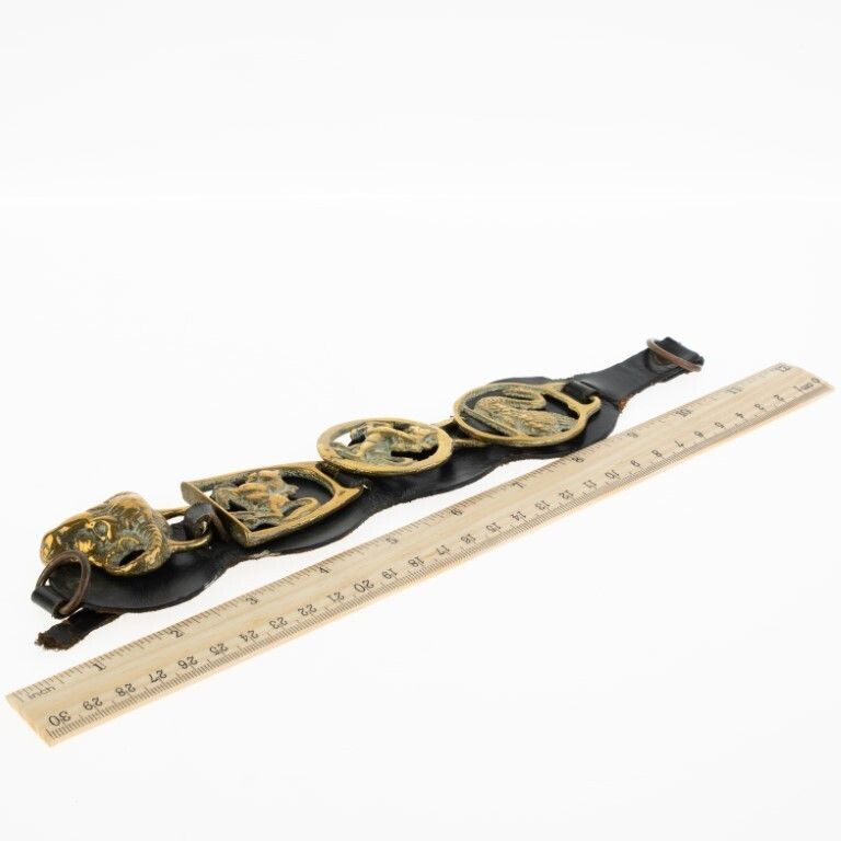 Antique Horse Brass Medallions On Leather Strap photo for sale