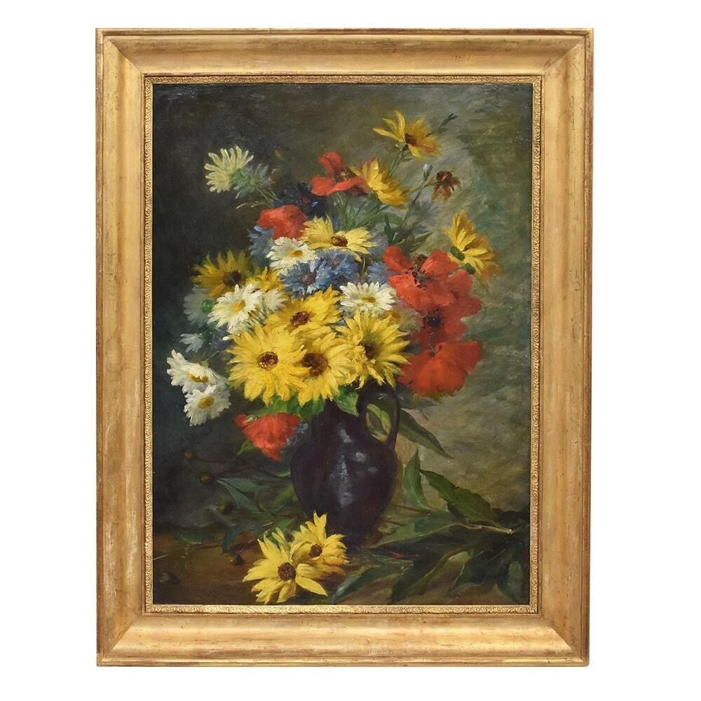 Antique Flower Painting, Daisies And Poppies Flowers, Oil On Canvas, Late 19th Century