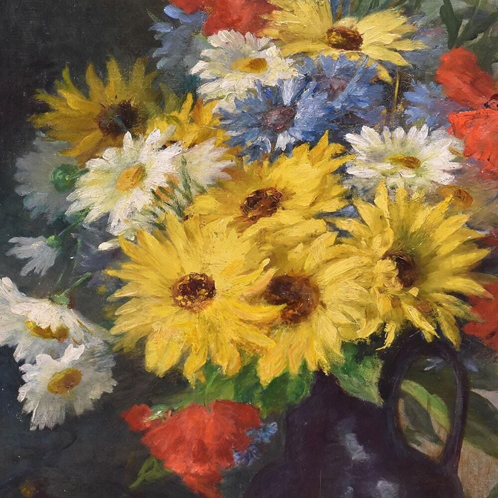 Antique Flower Painting, Daisies And Poppies Flowers, Oil On Canvas, Late 19th Century photo 1800.0