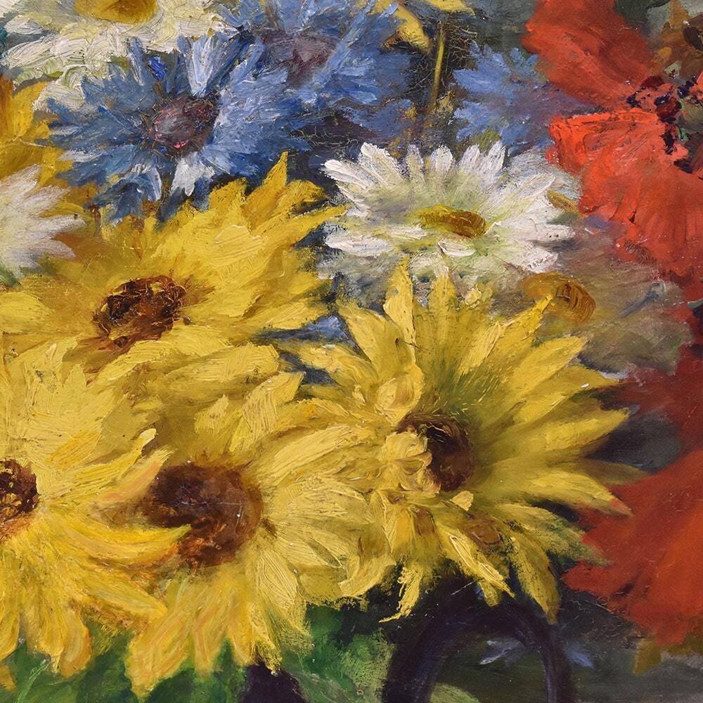 Antique Flower Painting, Daisies And Poppies Flowers, Oil On Canvas, Late 19th Century photo vinterior