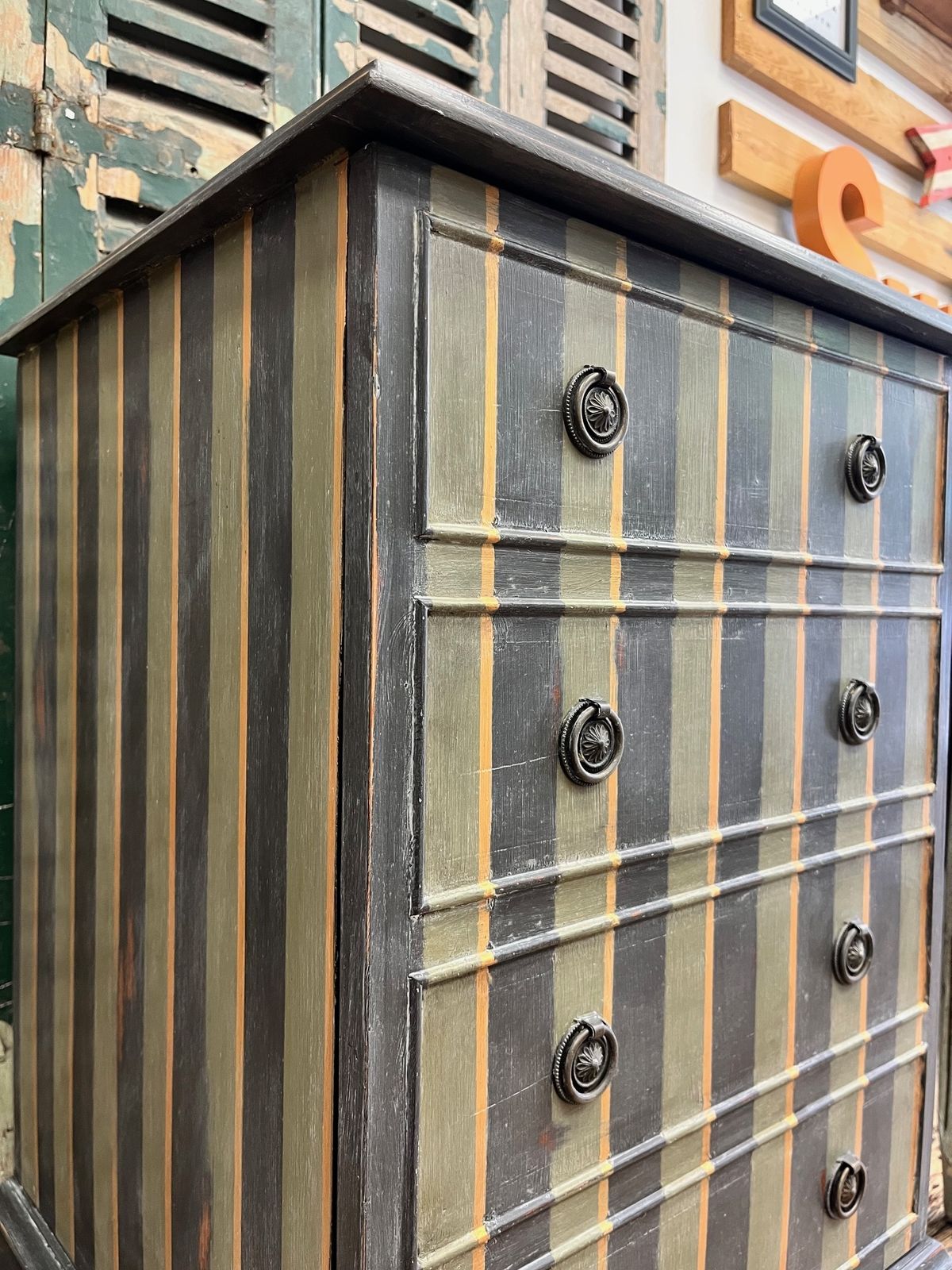 Hand Painted And Aged Graphite, Olive And Gold Striped Bedside Cabinet photo 340.0