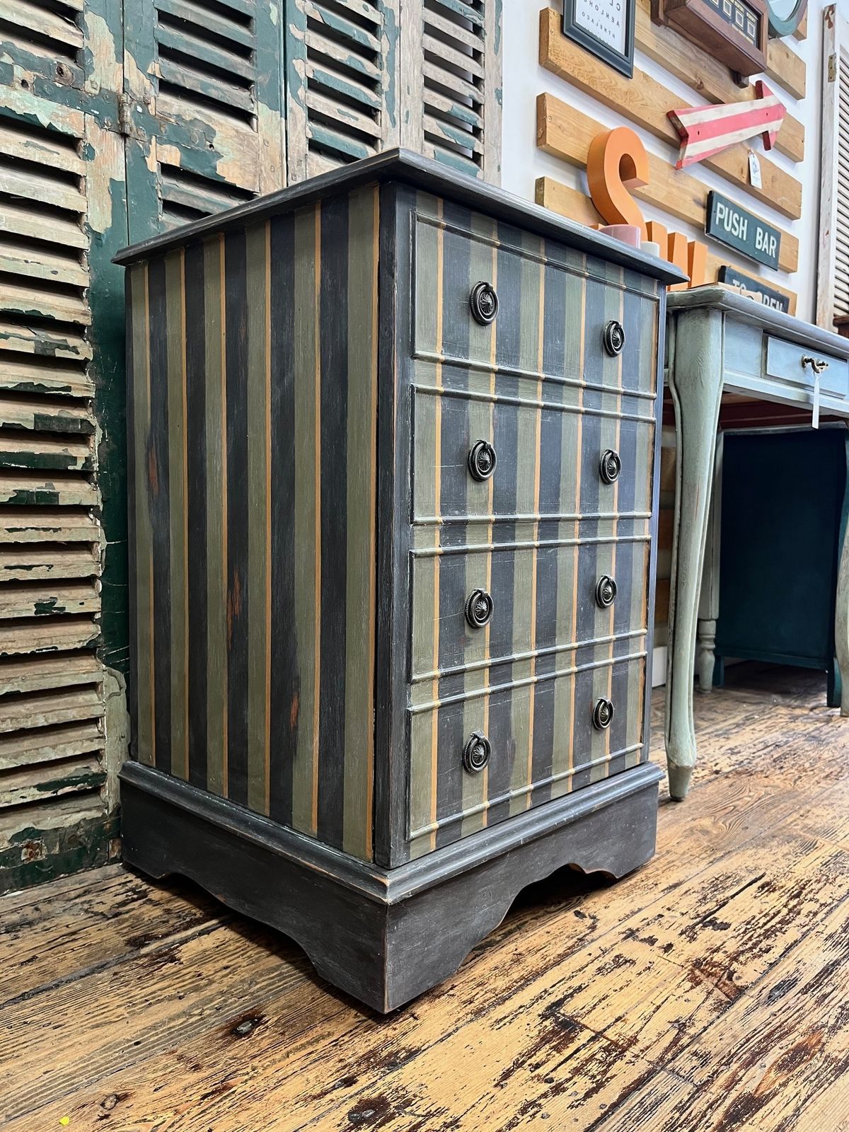 Hand Painted And Aged Graphite, Olive And Gold Striped Bedside Cabinet photo buy
