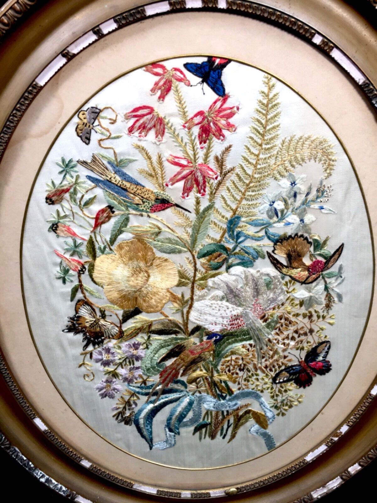 Antique Framed Silk Embroidered Picture Floral Design Wall Hanging / Vintage photo for sale