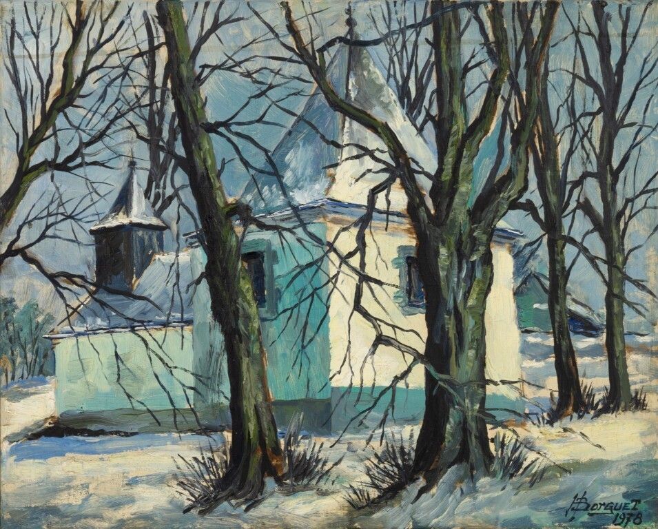 Signed Mid Century Belgian Oil Painting On Canvas Depicting A Winter Scene Chapel