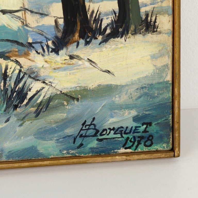 Signed Mid Century Belgian Oil Painting On Canvas Depicting A Winter Scene Chapel photo Art