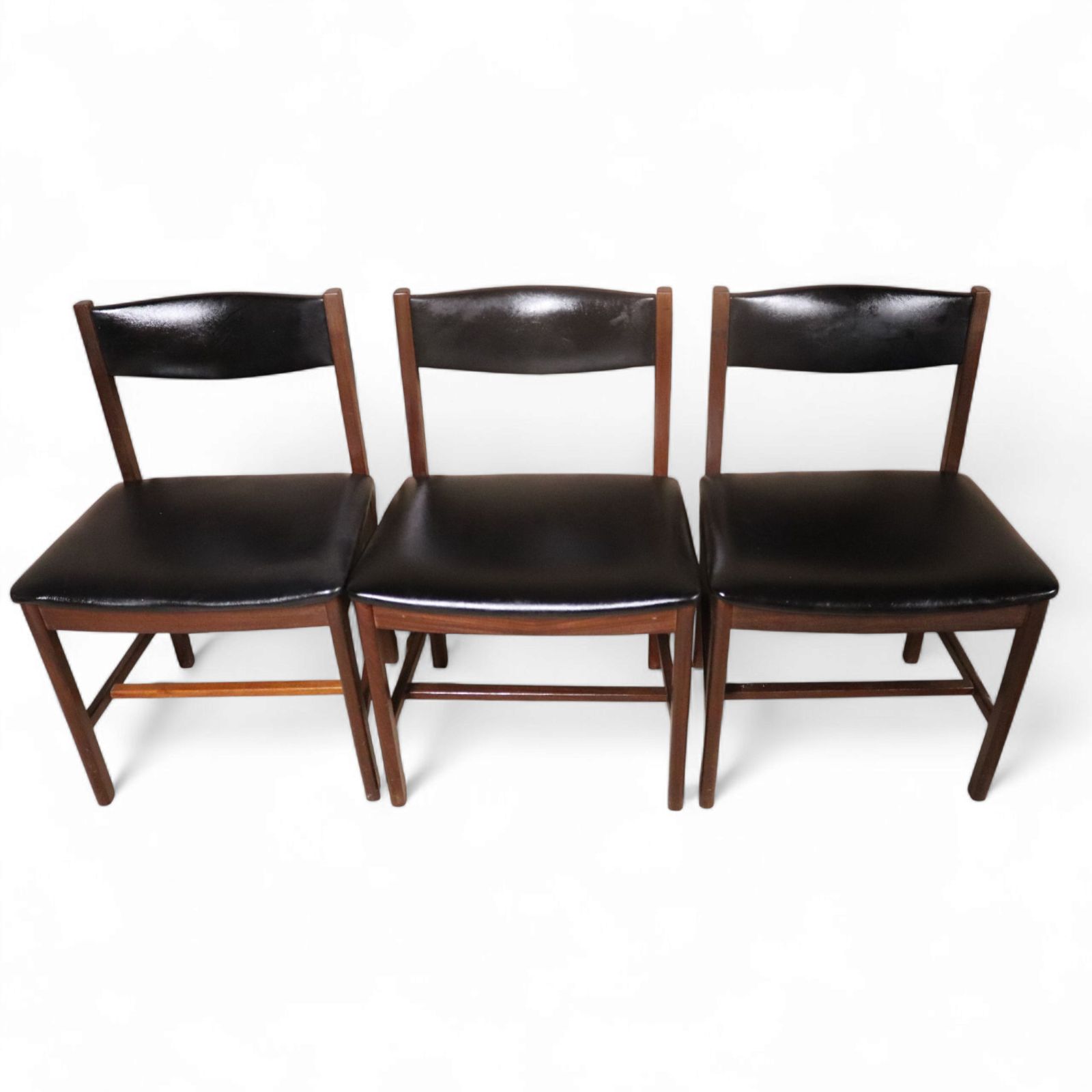 Set Of Six Mid Century Teak Archie Shine Black Leather Upholstered Dining Chairs photo furniture