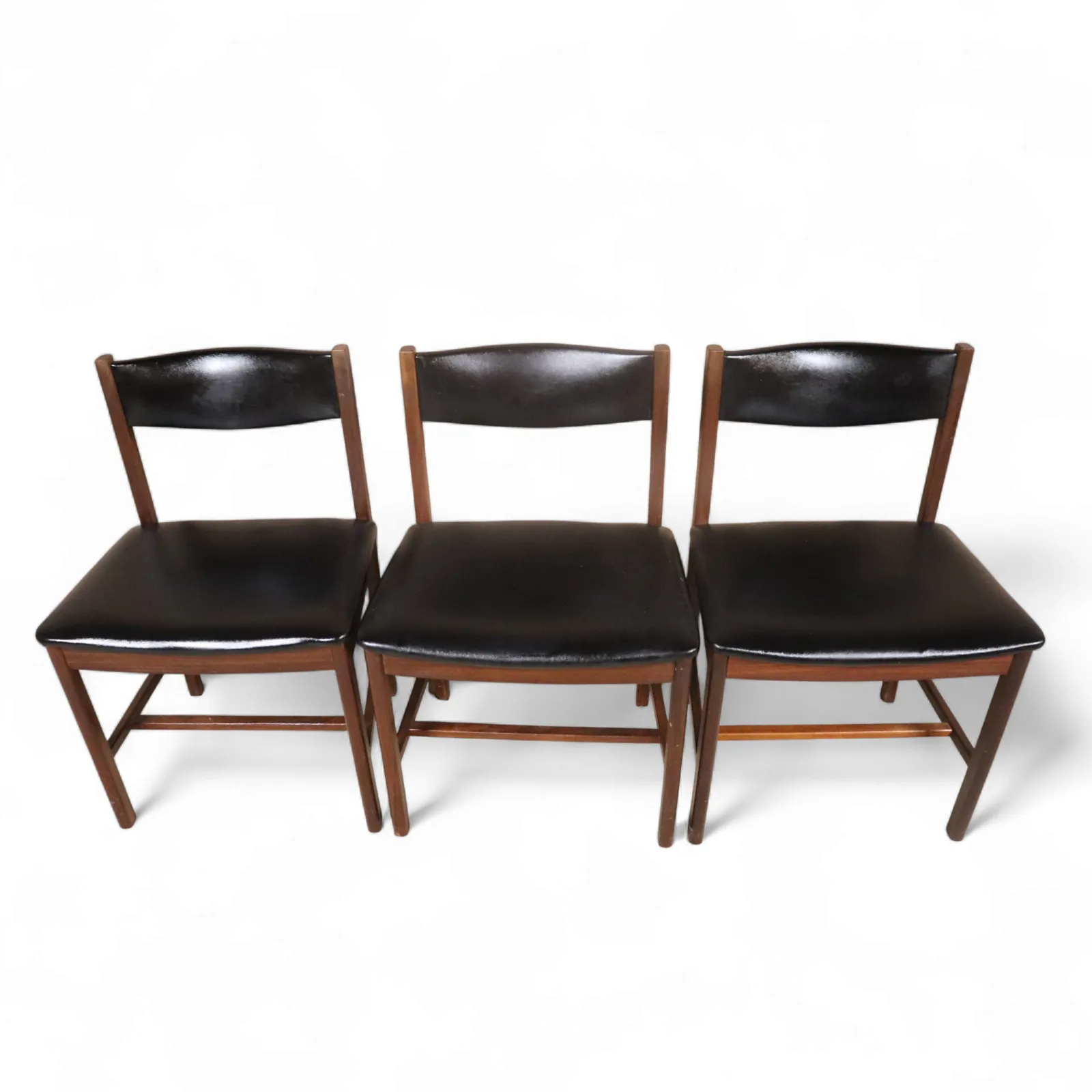 Set Of Six Mid Century Teak Archie Shine Black Leather Upholstered Dining Chairs photo for sale