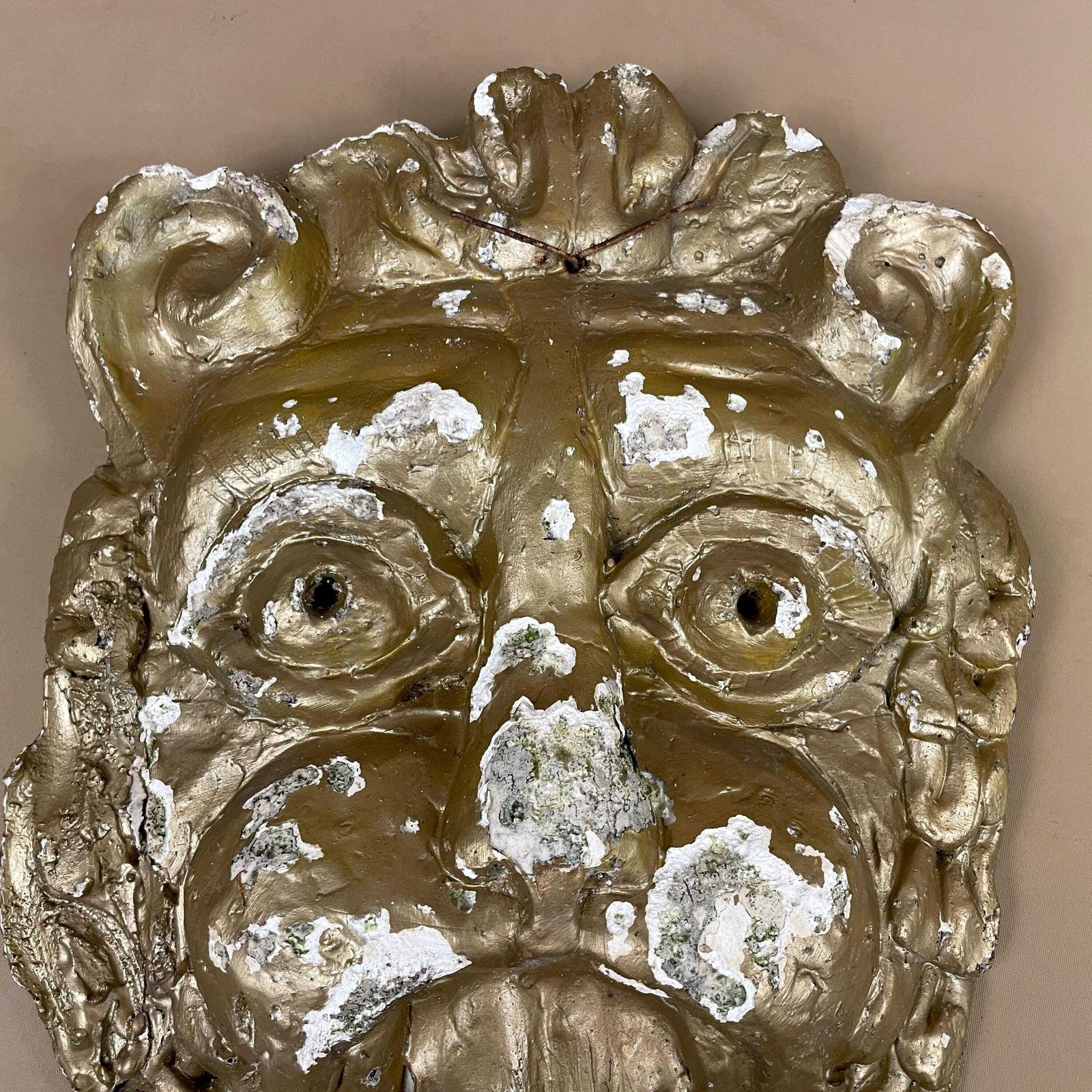 Vintage Dragon Mask Face Handmade Plaster Indonesian Display Mask Wall Hanging Sculpture Gold Antique Oriental Rustic photo for sale