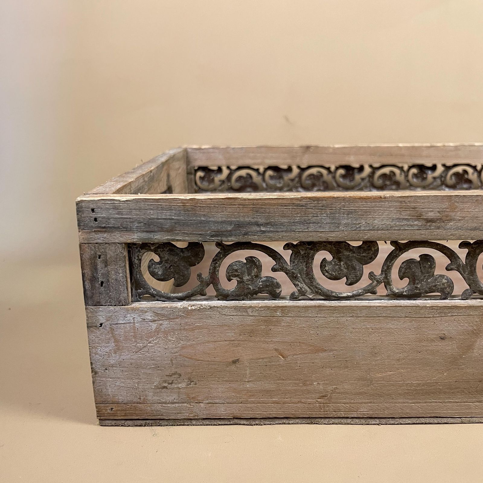 Vintage Wooden Display Tray Rectangle Metal Inlay Pattern Around Edge Handmade Tea Coffee Serving Tray Under Bed Storage Tray photo for sale