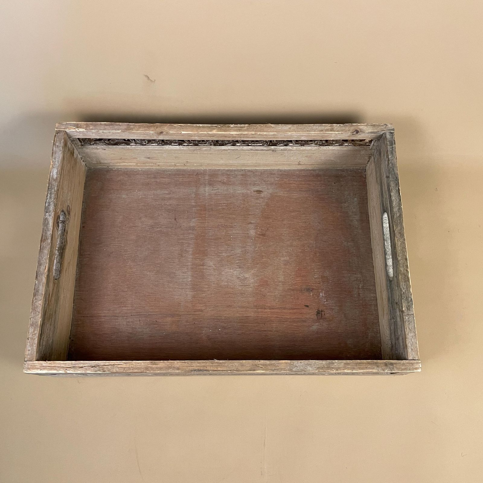 Vintage Wooden Display Tray Rectangle Metal Inlay Pattern Around Edge Handmade Tea Coffee Serving Tray Under Bed Storage Tray photo Home Decor