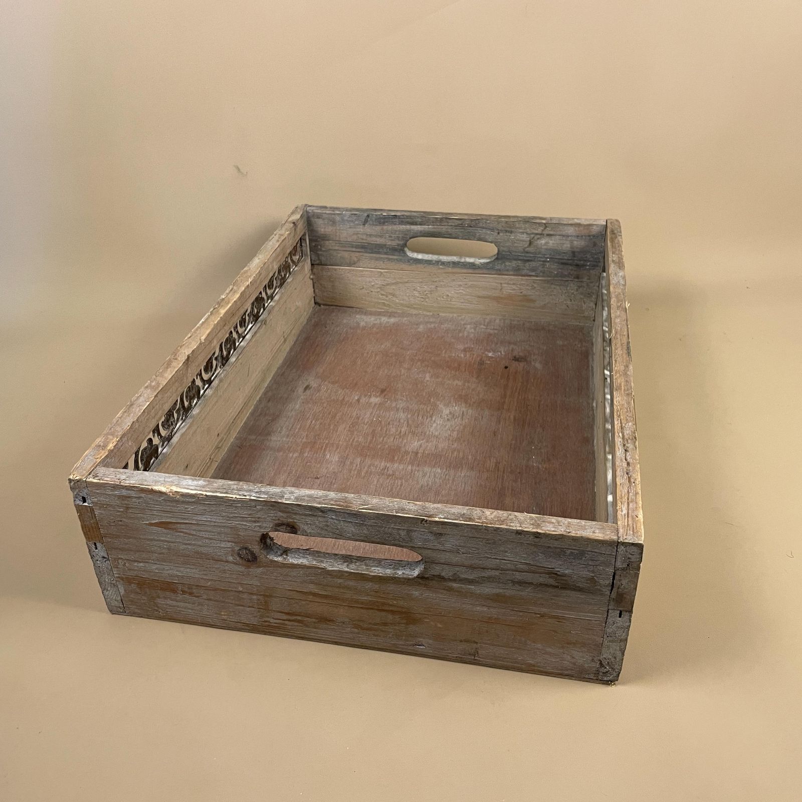 Vintage Wooden Display Tray Rectangle Metal Inlay Pattern Around Edge Handmade Tea Coffee Serving Tray Under Bed Storage Tray photo 55.0