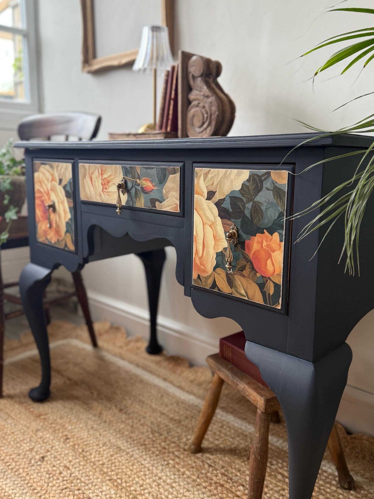 Vintage Lowboy Console Table Painted Navy Blue With Floral Detail photo Furniture