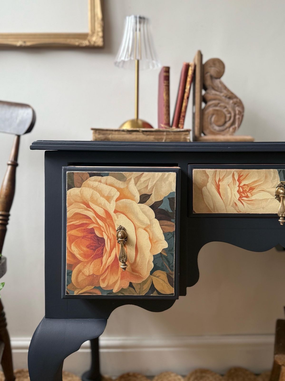 Vintage Lowboy Console Table Painted Navy Blue With Floral Detail photo buy