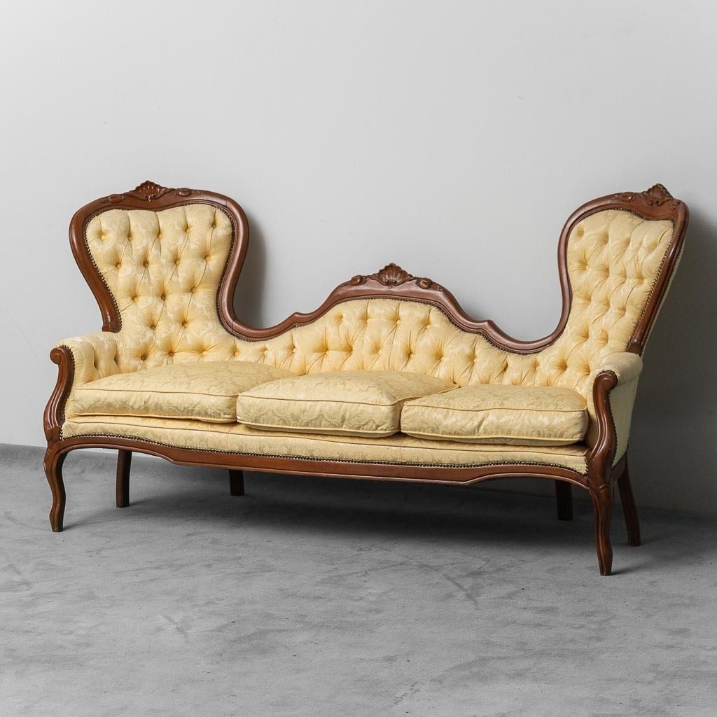 3 Seater Sofa Louis Philippe Style Wood Fabric Yellow XIX