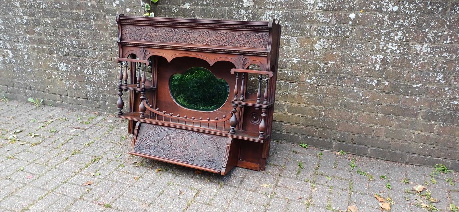 Victorian Mahogany Mirror Shelf Top | Ornate Carved American Organ Pediment Antique Sideboard Back Gothic Revival C.1880s