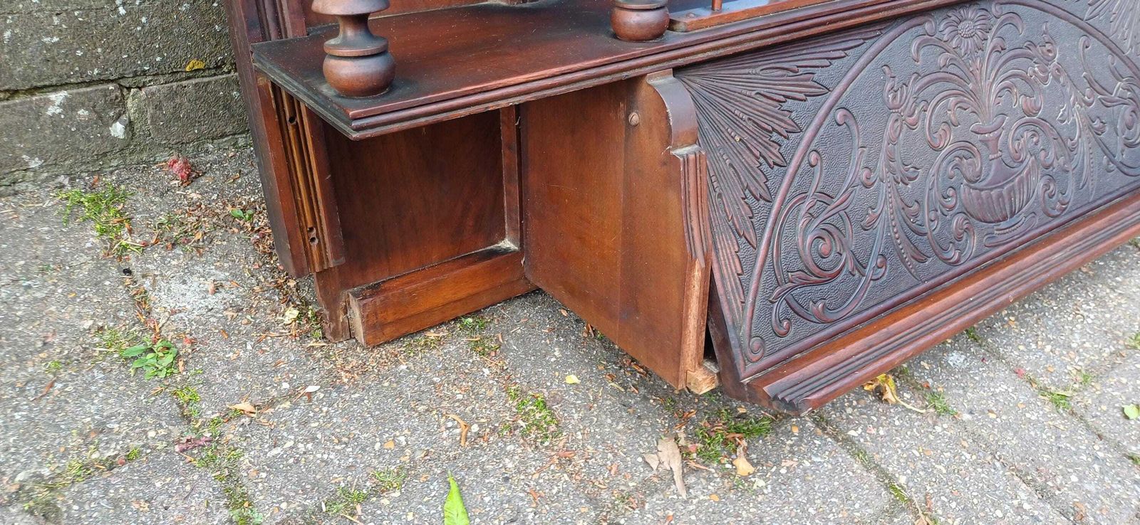 Victorian Mahogany Mirror Shelf Top | Ornate Carved American Organ Pediment Antique Sideboard Back Gothic Revival C.1880s photo for sale