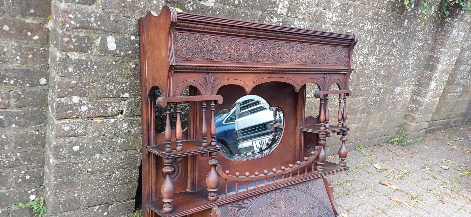 Victorian Mahogany Mirror Shelf Top | Ornate Carved American Organ Pediment Antique Sideboard Back Gothic Revival C.1880s photo vinterior