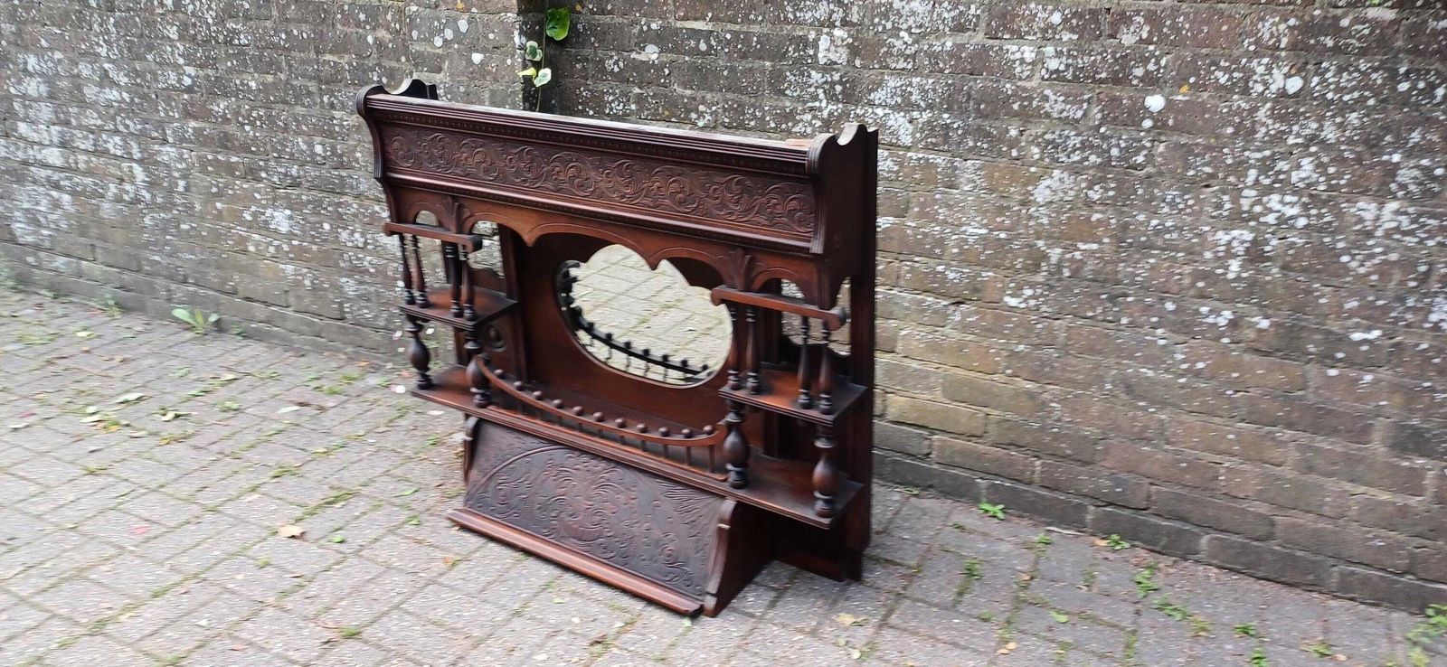 photo for sale Victorian Mahogany Mirror Shelf Top | Ornate Carved American Organ Pediment Antique Sideboard Back Gothic Revival C.1880s