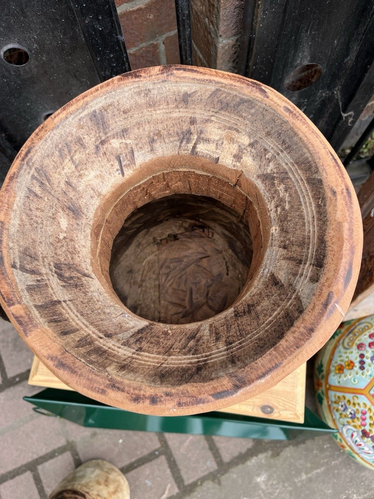 Large Rustic Wooden Farmhouse Indian Asian Himachal Pot  Vase Jug Centrepiece photo for sale