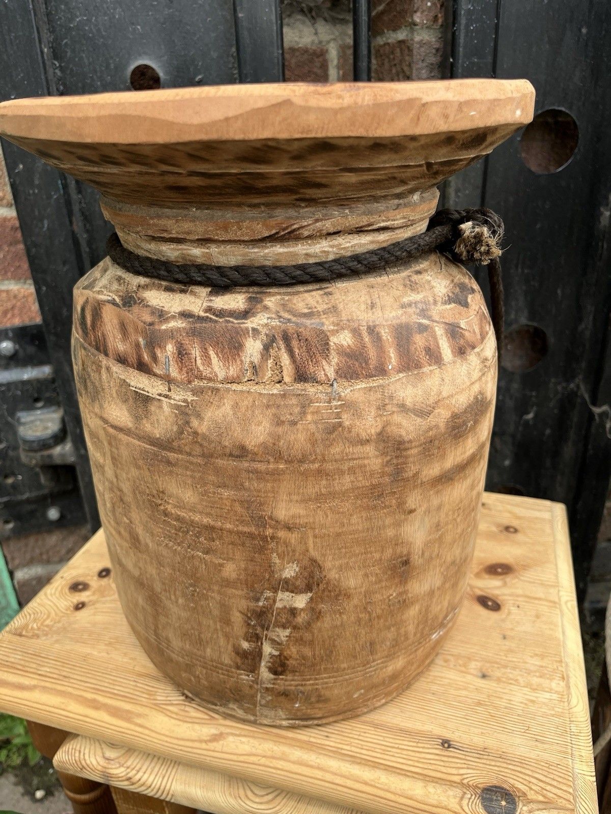 Large Rustic Wooden Farmhouse Indian Asian Himachal Pot  Vase Jug Centrepiece photo vinterior