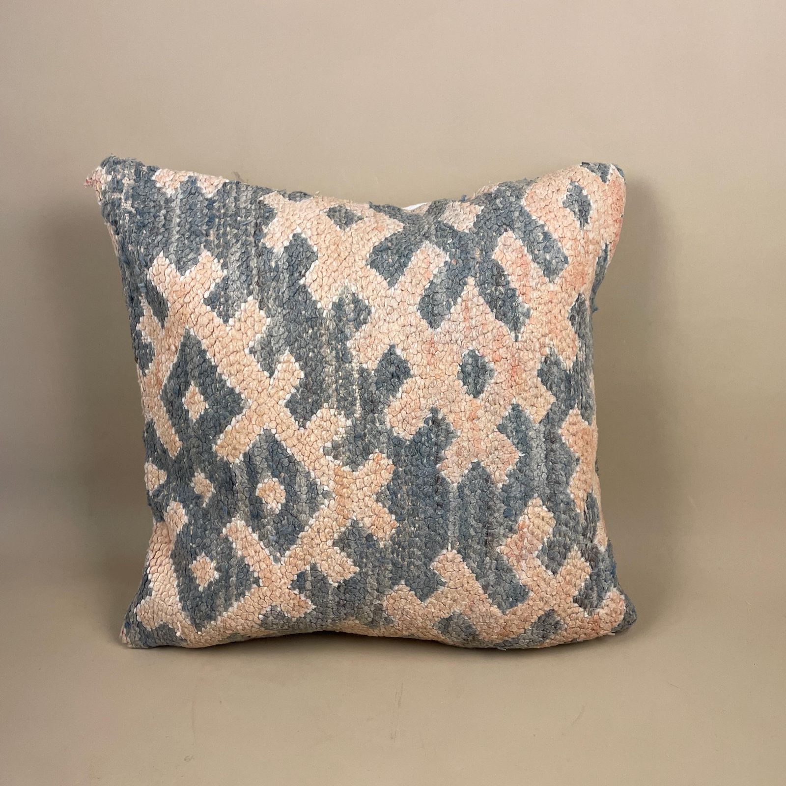 Antique Kilim Cushion Moroccan Rug Carpet Pillow Feather Filled Handwoven Patterned Scatter Vintage Square Pattern Grey Blue Pink