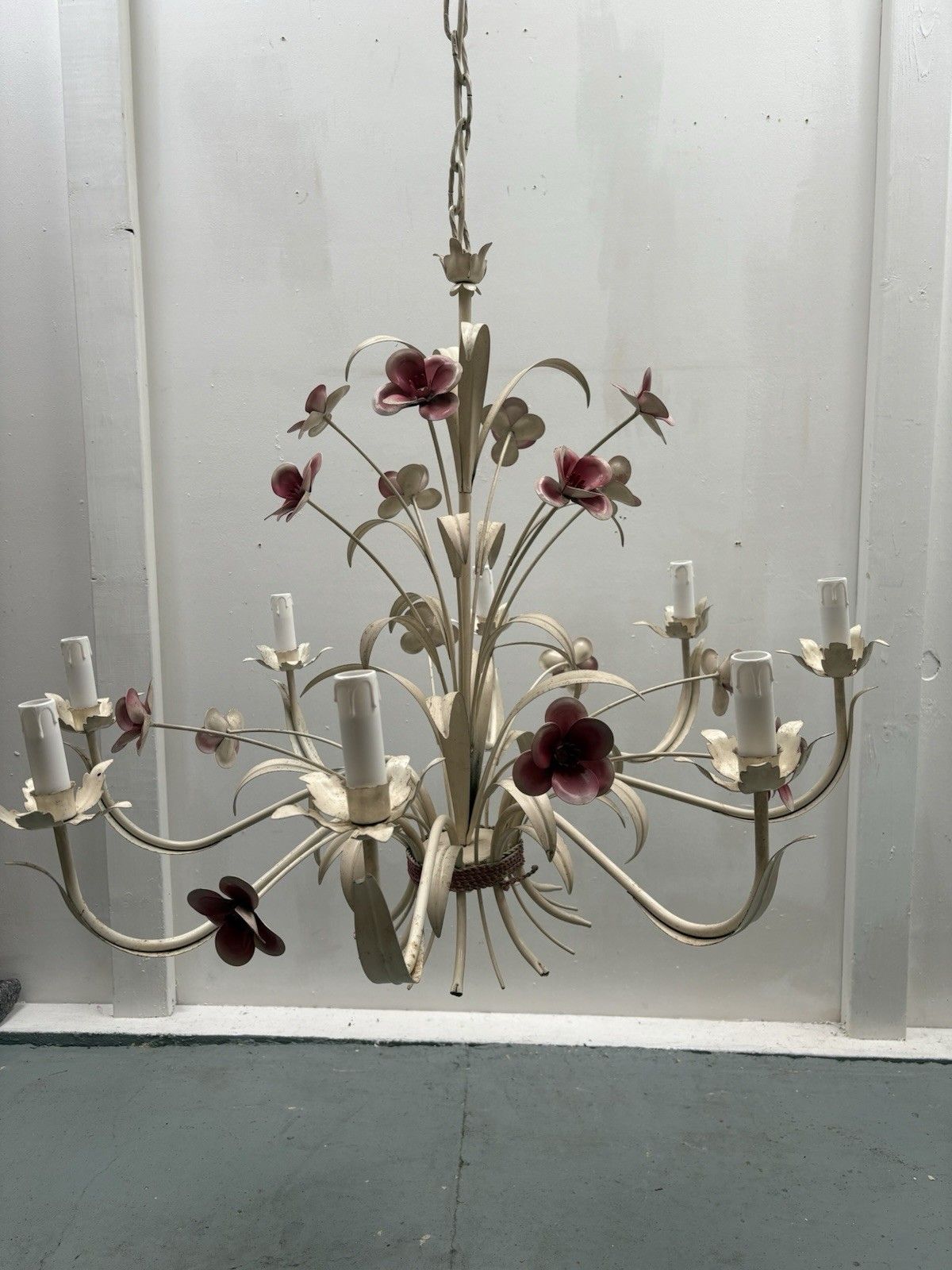Large Vintage 1970s French Shabby Chic Tole Ware Flower Chandelier Ceiling Lamp