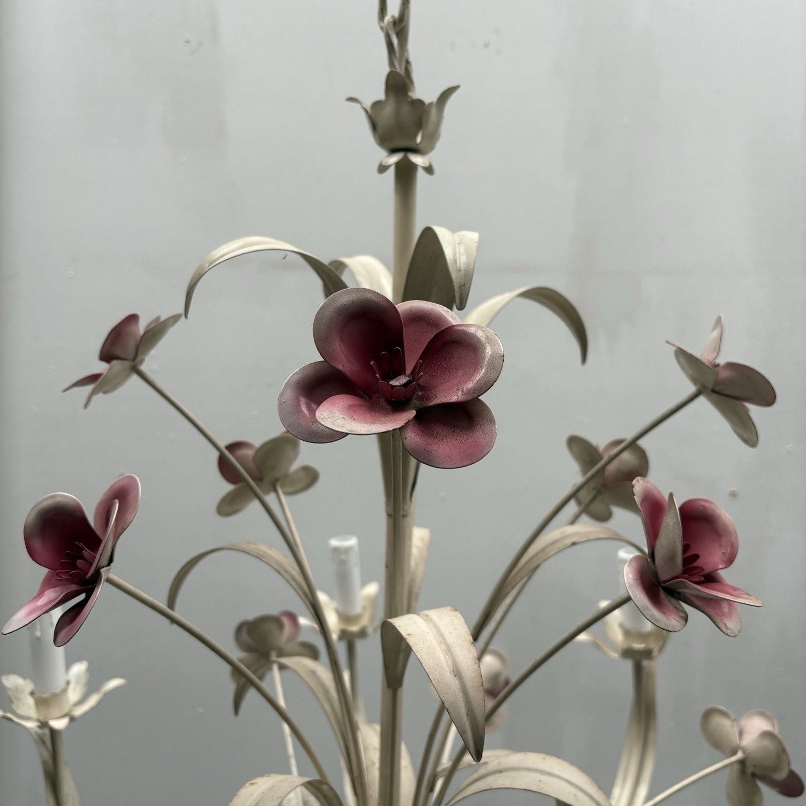Large Vintage 1970s French Shabby Chic Tole Ware Flower Chandelier Ceiling Lamp photo 245.0