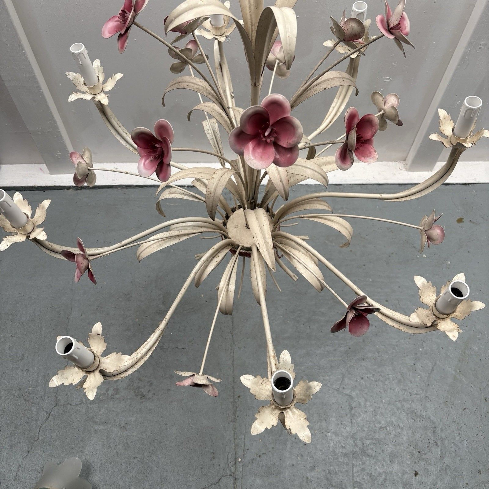 Large Vintage 1970s French Shabby Chic Tole Ware Flower Chandelier Ceiling Lamp photo vintage