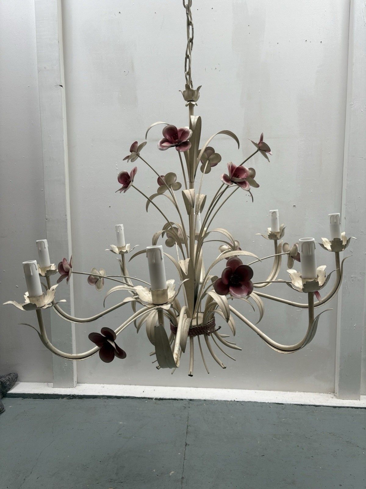 photo buy Large Vintage 1970s French Shabby Chic Tole Ware Flower Chandelier Ceiling Lamp