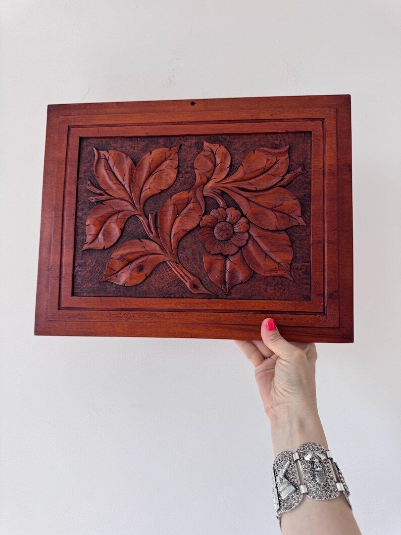 Arts And Crafts Wooden Panel, Hand Carved Floral Wooden Panel, Wall Decor