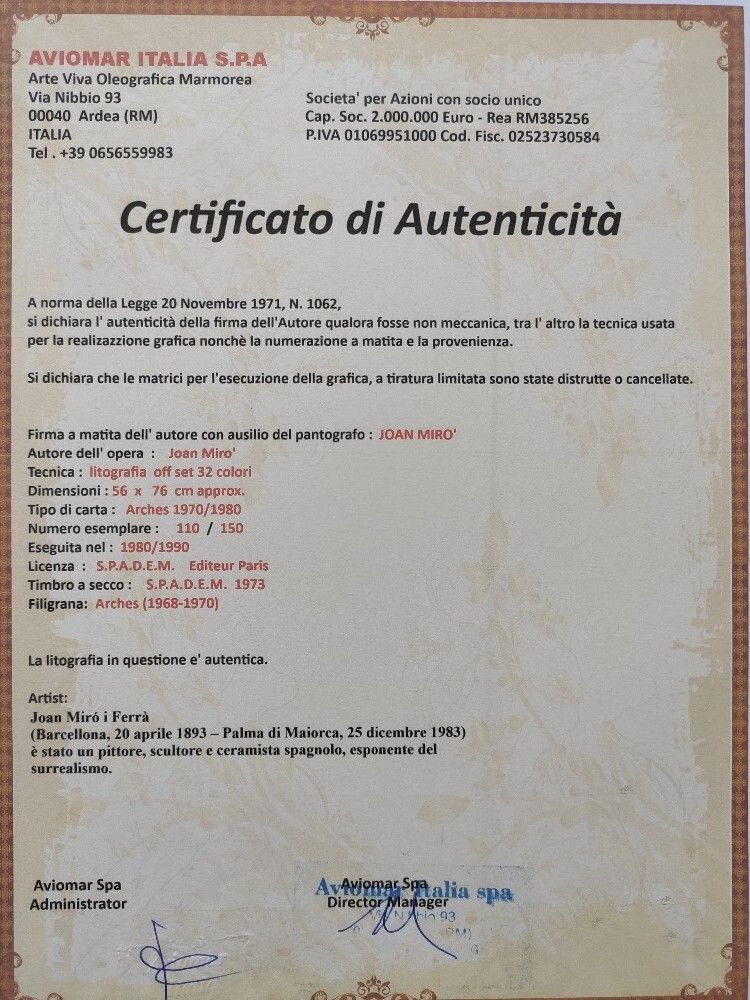 Joan Miró Signed The Hunter (Catalan Landscape), 1924 Certificate photo for sale