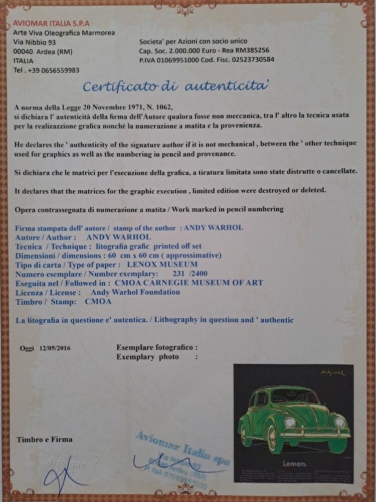 1980s Andy Warhol Signed Limited Edition Lithograph Volkswagen Lemon photo furniture
