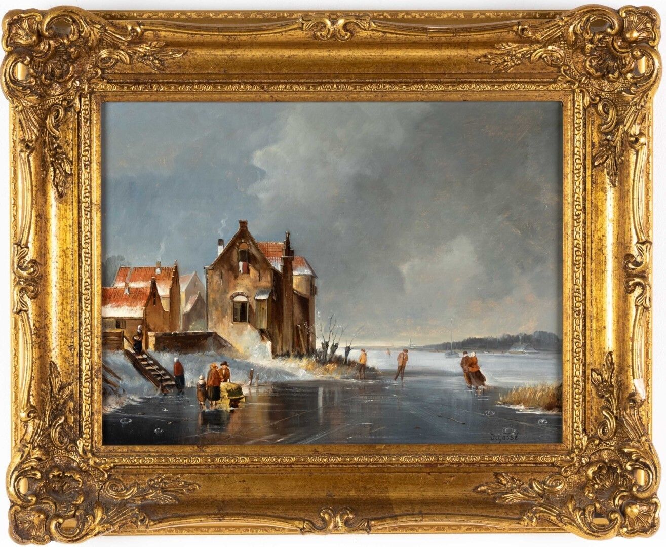 J. Gosse Signed Winterscape Oil Painting In Gilt Frame 20th Century