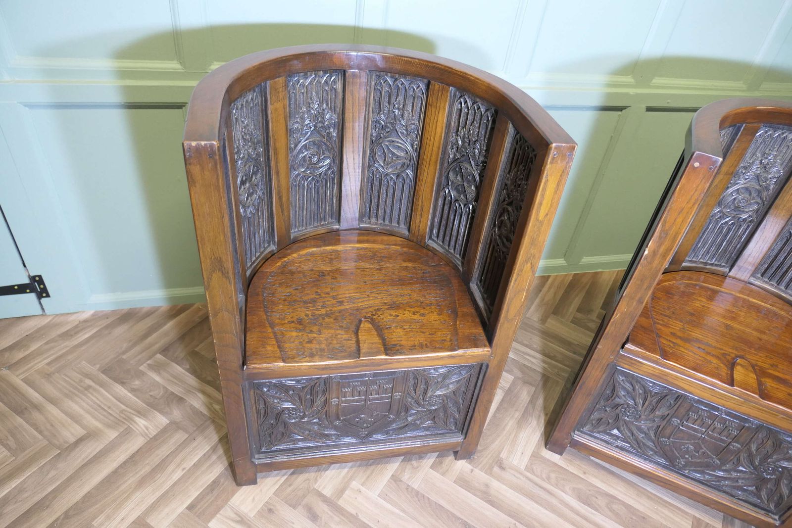 Arts And Crafts Carved Barrel Back Hall Or Library Chairs photo vintage