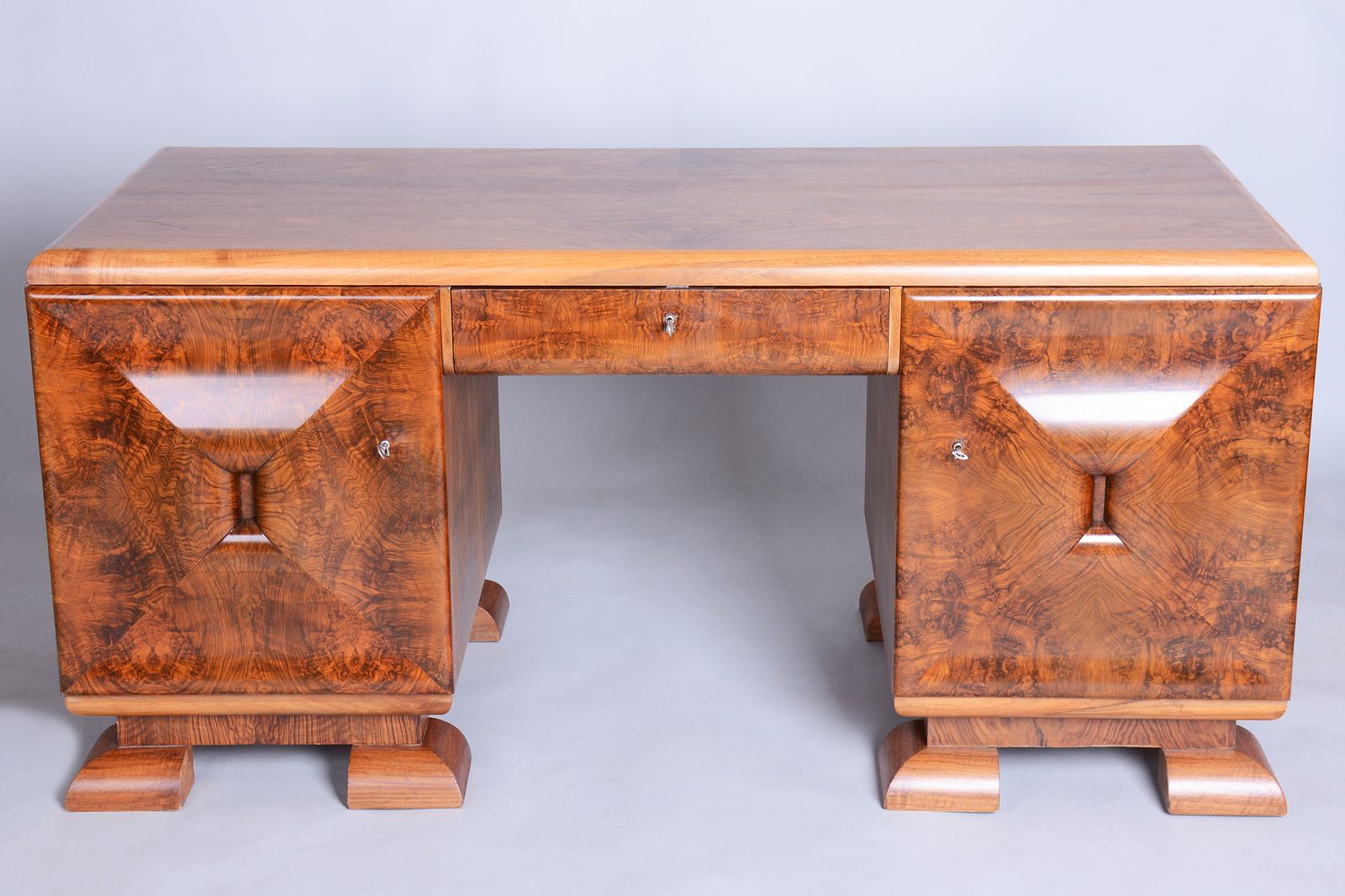 Restored Art Deco Writing Desk, Mahogany, Walnut, Revived Polish, Czech, 1920s