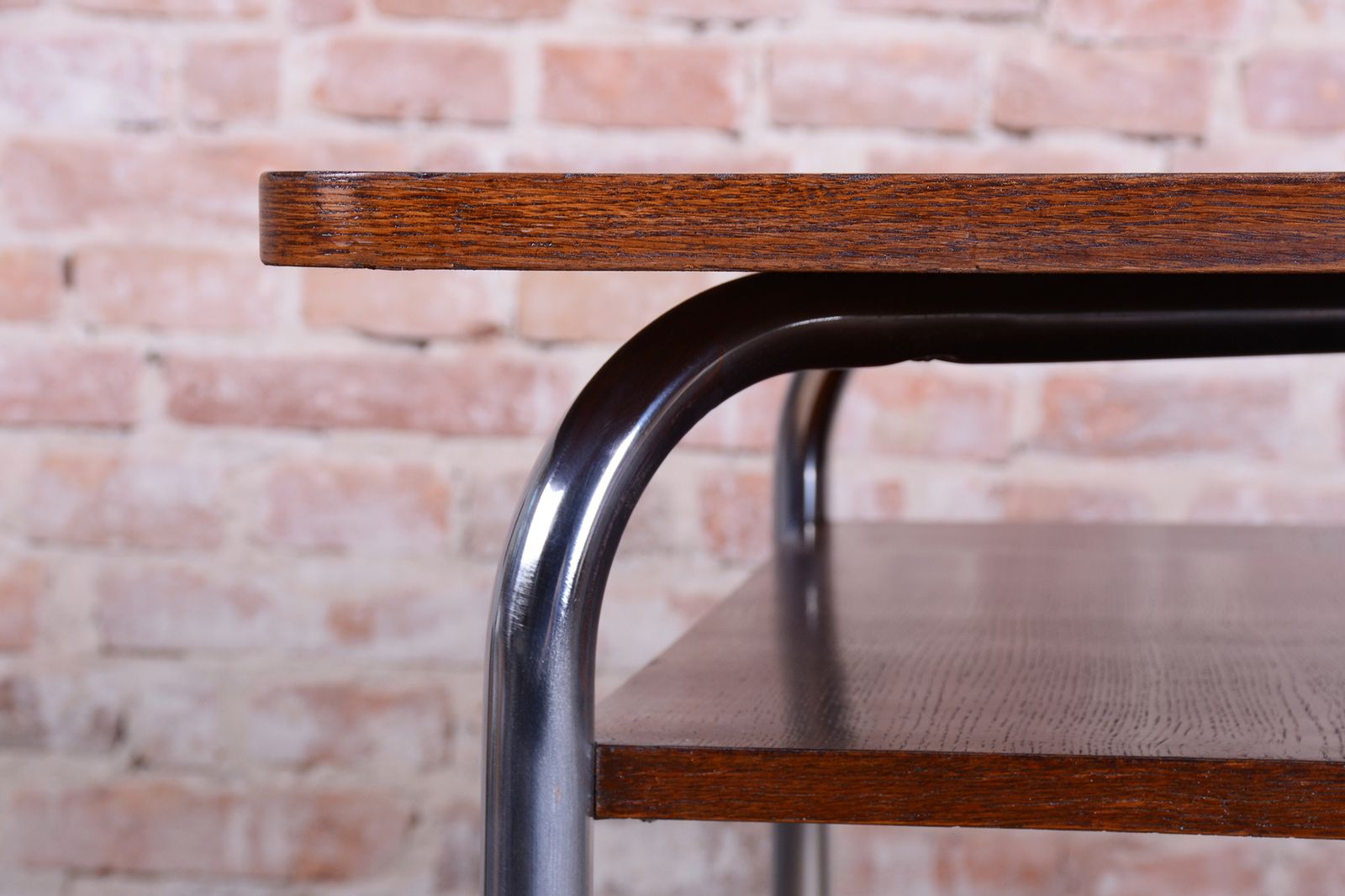 Restored Bauhaus Table, By Vichr A Spol., Oak, Chrome, Polished, Czech, 1940s photo vintage