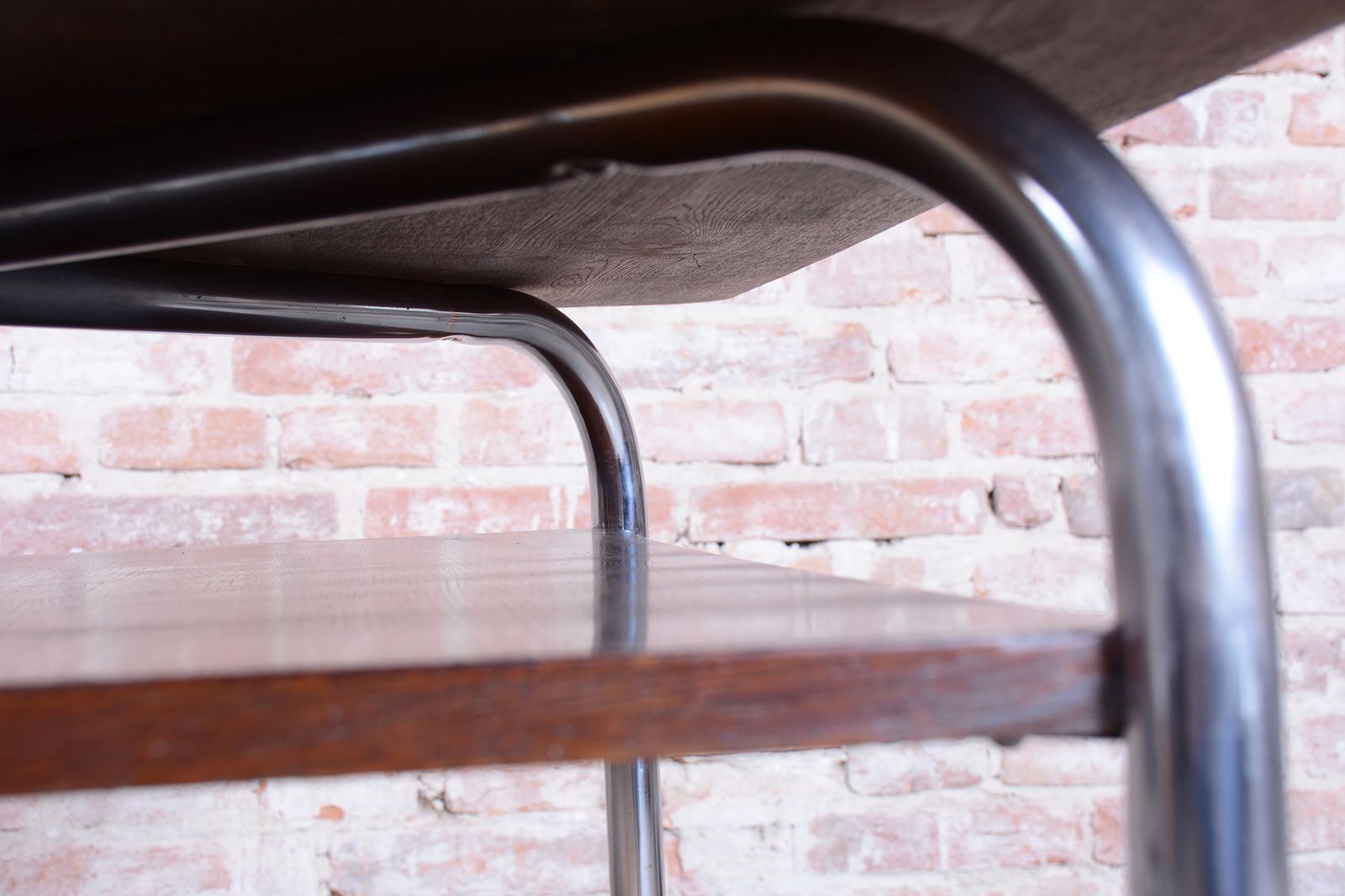 photo buy Restored Bauhaus Table, By Vichr A Spol., Oak, Chrome, Polished, Czech, 1940s