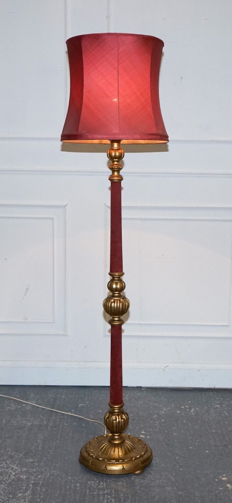 Circa 1940 Italian Red Fabric And Gilt Floor Standing Lamp With Original Shade photo for sale