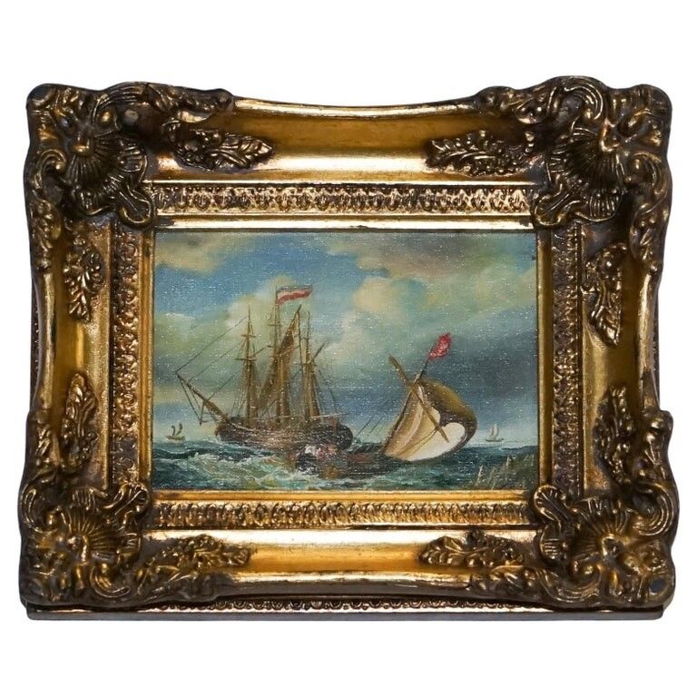 Fine Antique Early 20th Century Oil Painting Of French Ship Giltwood Frame