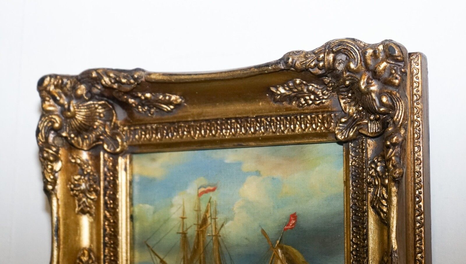 photo furniture Fine Antique Early 20th Century Oil Painting Of French Ship Giltwood Frame