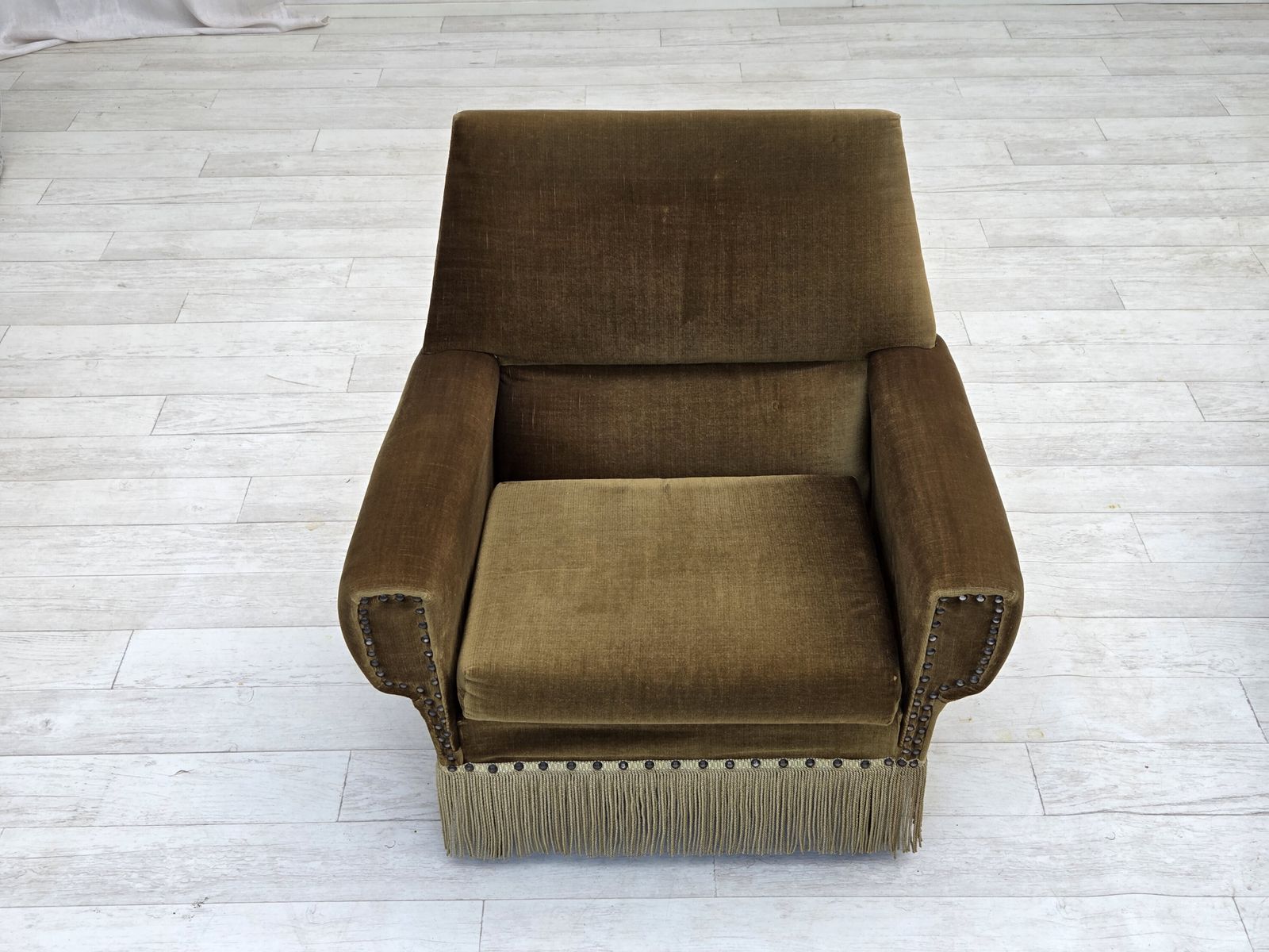 1970s, Danish Armchair, Green Furniture Velour, Ash Wood Legs. photo Furniture