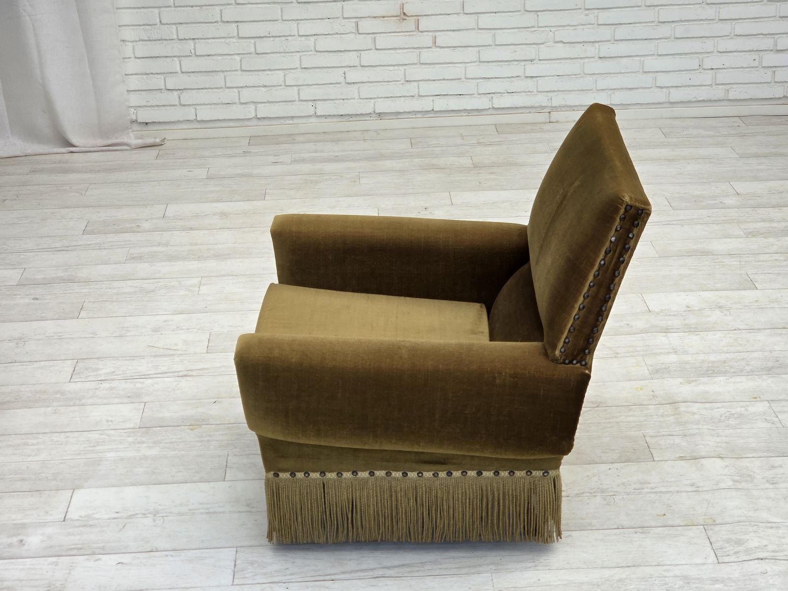 photo for sale 1970s, Danish Armchair, Green Furniture Velour, Ash Wood Legs.