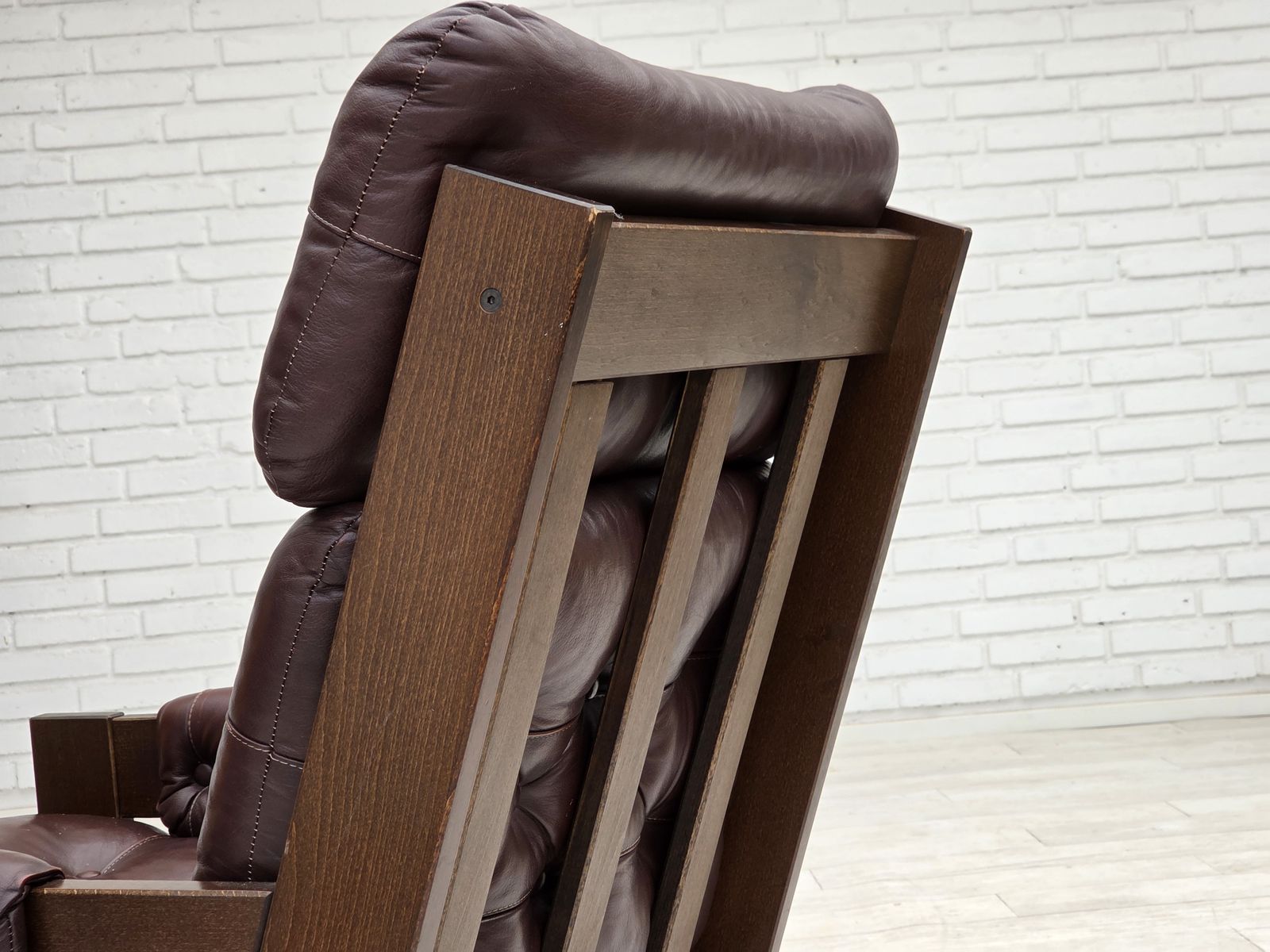 Furniture 1970s, Scandinavian Highback Armchair, Brown Furniture Leather, Dark Beech Wood. photo